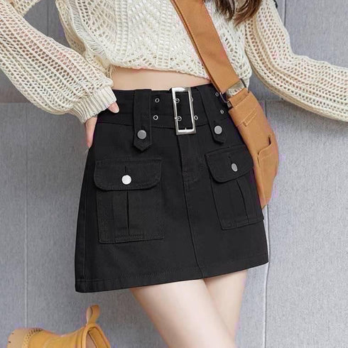 Casual High Waisted Cargo Mini  Skirts With Belt